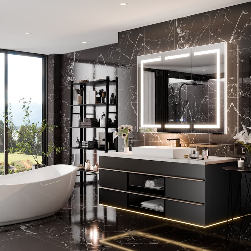 36'' H Recessed or Surface Mounted Bathroom LED Mirror Cabinet With Defogger, Dimmer, 10x magnifying
