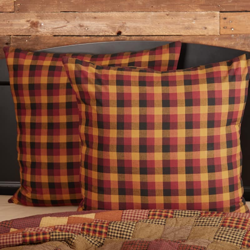 Heritage Farms Primitive Check Fabric Euro Sham 26x26 - Euro Sham 26x26 - Deep Burgundy/Mustard/Raven Black