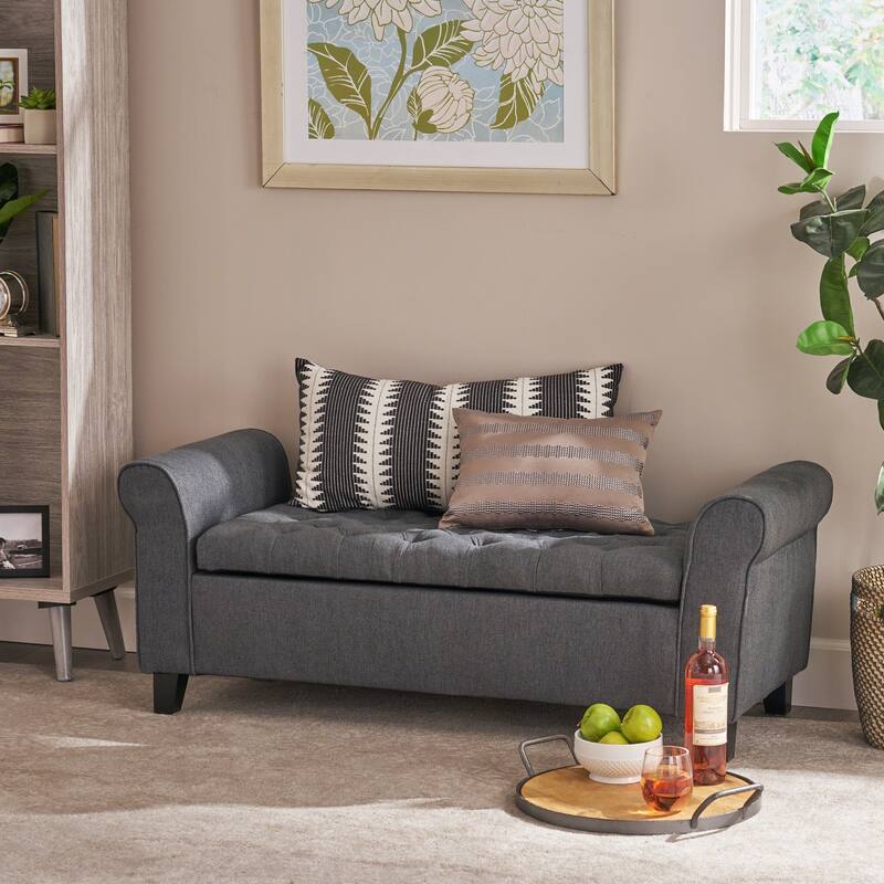 Leisure Bench Gray Indoor Bench with Armrests, Upholstered End of Bed Bench with Safety Hinges for Bedroom Mudroom - Gray