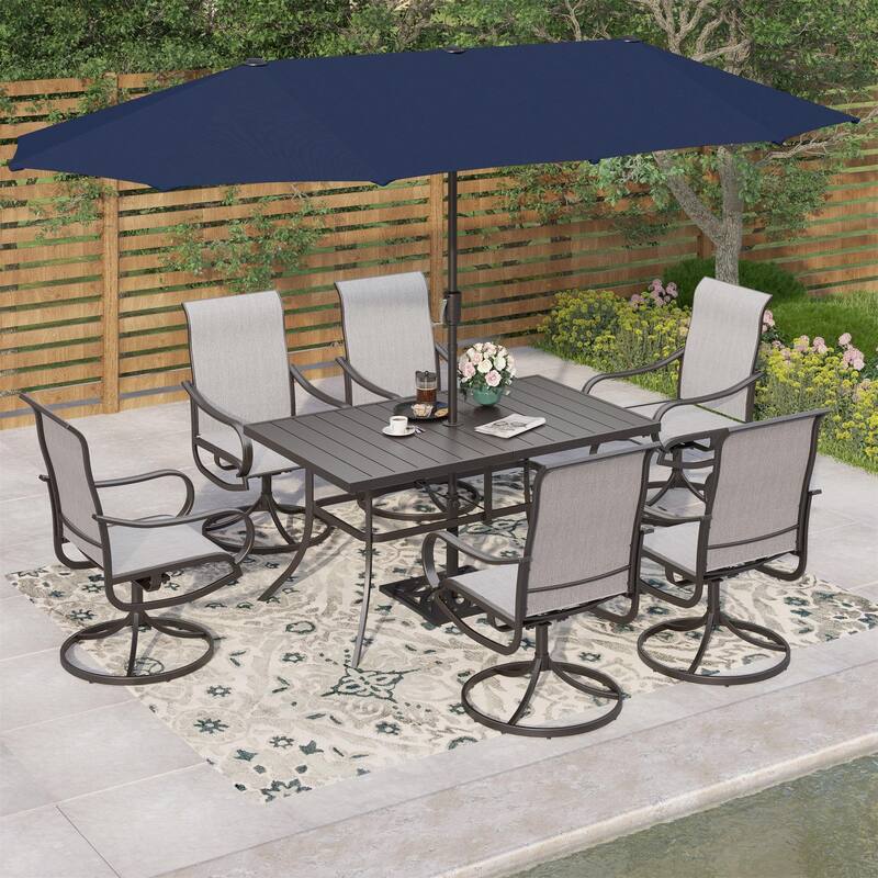 MAISON ARTS 7-piece Patio Dining Set with Textilene Swivel Chairs - Grey+ Navy Umbrella