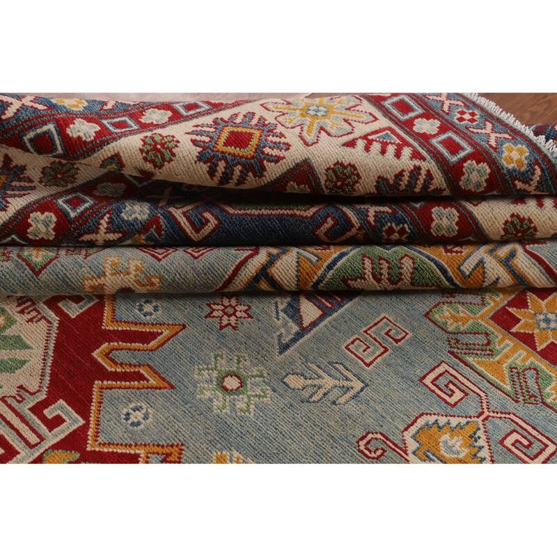 Hand Knotted Oriental 100% Wool Carpet Traditional Geometric Navy Blue & Blues Kazak Area Rug - 9' 8'' X 6' 6''