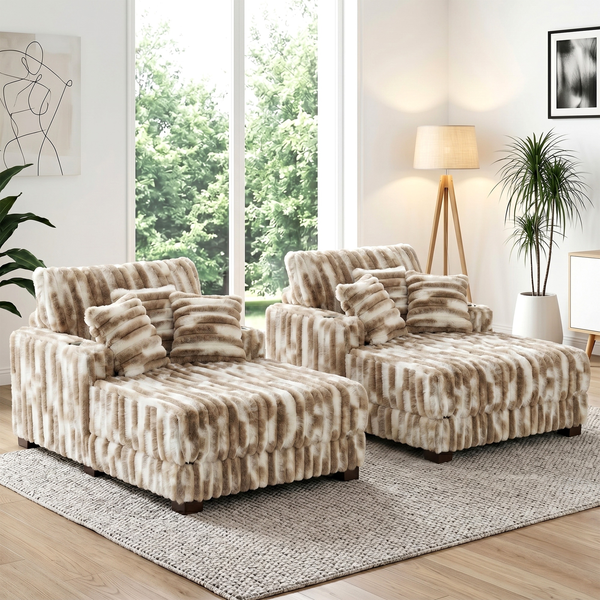 2 Set Modern Plush Sofa Chaise with Pillows and Cup Holder