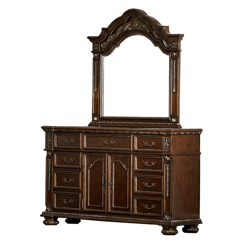 Lumi Four Pc Queen Bedroom Set, Gold Scrollwork, Acanthus Leaf Carving, Cherry Brown