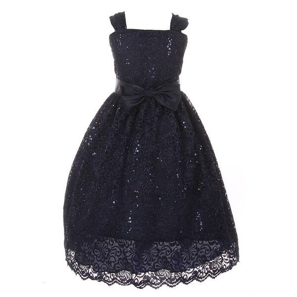 Shop Little Girls Navy Lace Sequin Adorned Skater Lace Fall Flower