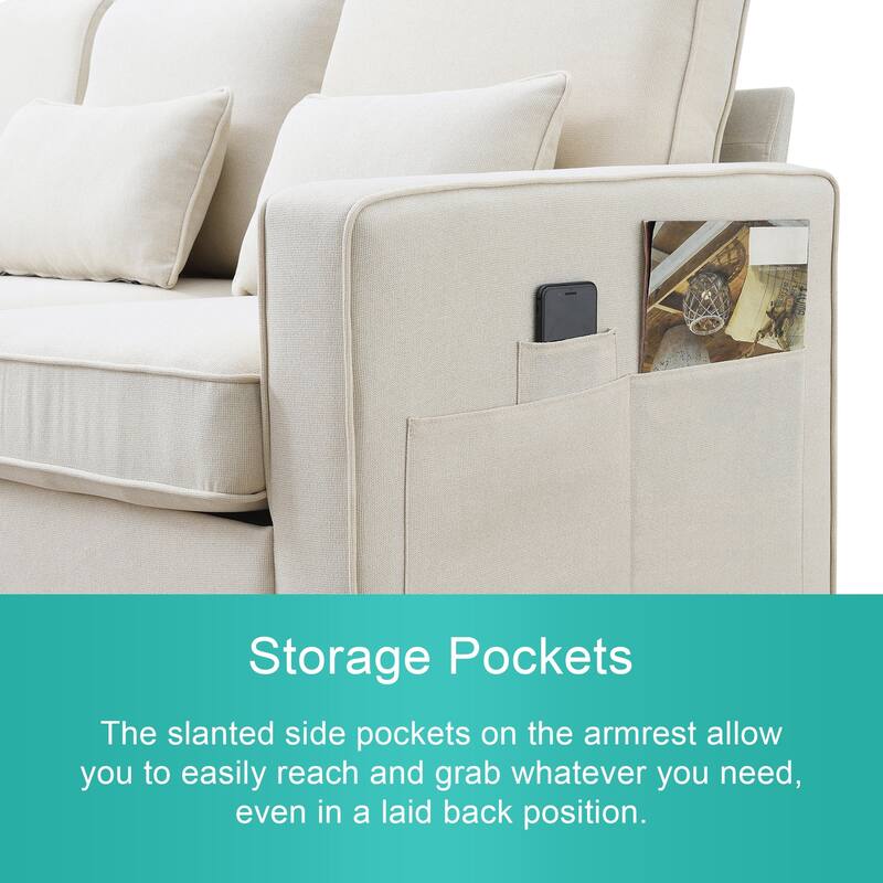 104" 4-Seater Modern Linen Fabric Sofa with Armrest Pockets and 4 Pillows