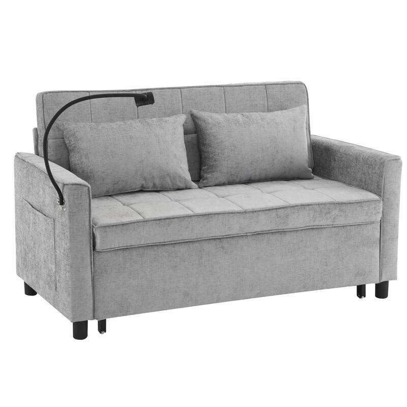 Roomfitters Loveseat Pull-Out Sofa Bed with Reversible Backrest Cushion, Side Pockets, USB Ports, and Phone Holder