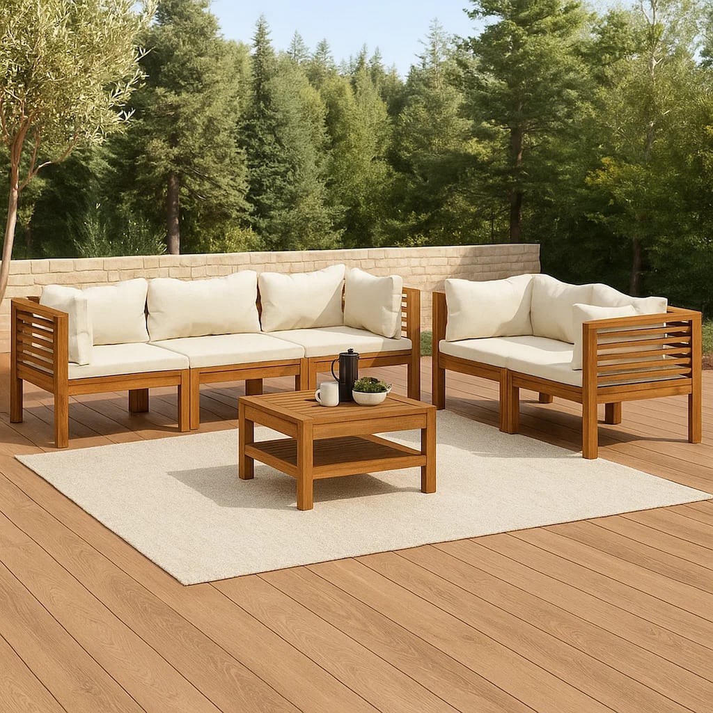 6pc Outdoor Modular Sofa Set, Cream Cushions, Brown Solid Acacia Wood