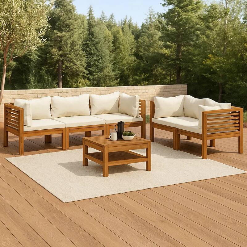 6pc Outdoor Modular Sofa Set, Cream Cushions, Brown Solid Acacia Wood