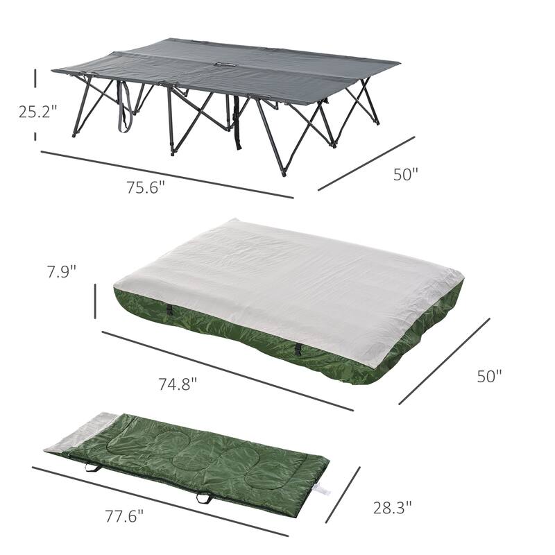 Outsunny 2-Person Collapsible Portable Camping Cot Bed Set with Sleeping Bag, Inflatable Air Mattress, & Comfort Pillows