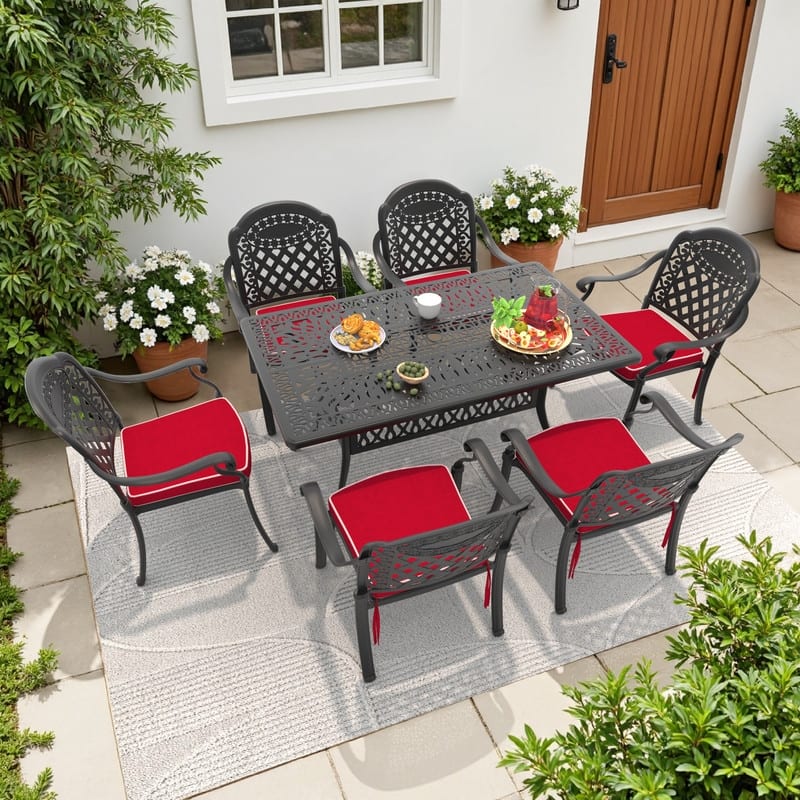 5/7-Piece Cast Aluminum Outdoor Dining Set with 58.27'' L X 34.65'' W Rectangular Table and Seat Cushions - Black( 7-Piece Sets-B)