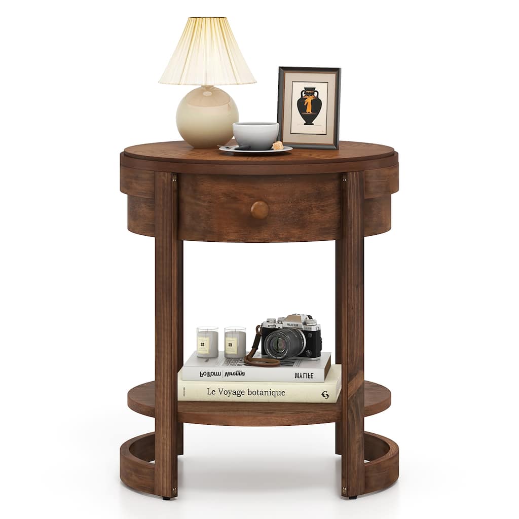 Gymax 2-Tier Nightstand w/ Shelf & Wood Grains Drawer Round End Table