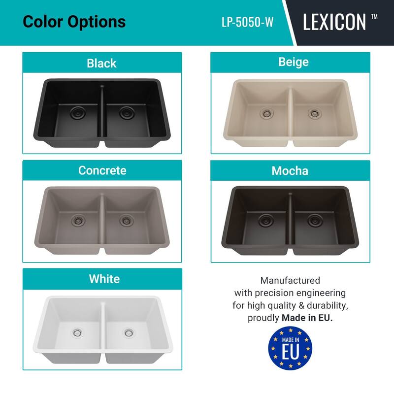 Lexicon Platinum 32" Quartz 50/50 Double Bowl Sink with Grids & Drain