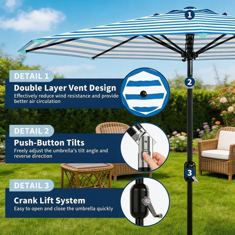 9 ft Patio Umbrella, with Crank Lift & Push Button Tilt, 8 Sturdy Ribs