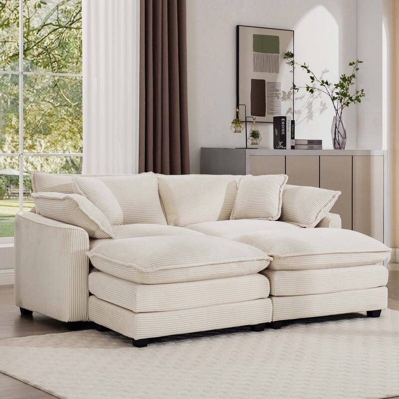 Corduroy Cloud Upholstered Modular Sleeper Sofa with 2 Removable Ottoman and 4 Pillows
