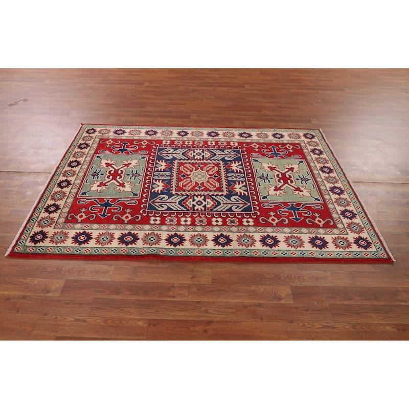 Kazak Oriental Area Rug Handmade Red Geometric Wool Carpet - 4'2" x 6'1"