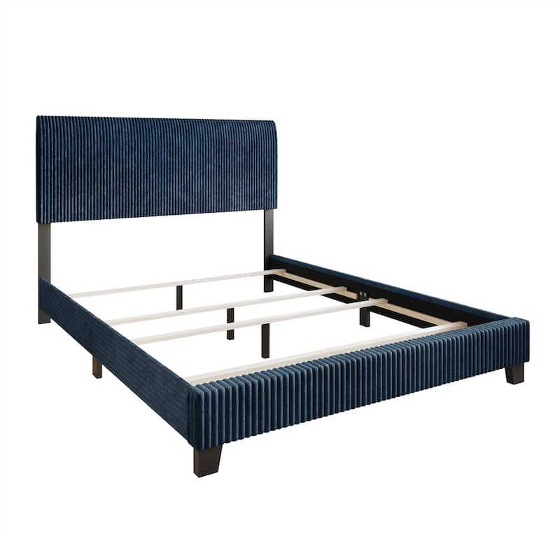 CraftPorch Corduroy 4-pieces Mid-Century Modern Navy Blue Bed with Light Grey Furniture Bedroom Set