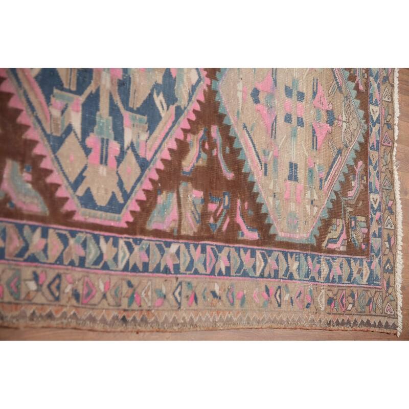 Hand Knotted Oriental 100% Wool Carpet Traditional Geometric Brown Heriz Runner Rug - 10' 11'' X 3' 9''