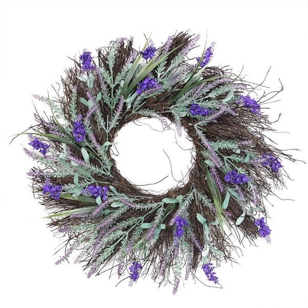Lavender and Heather Spring Floral Twig Wreath, Purple and Green 22-Inch - N/A