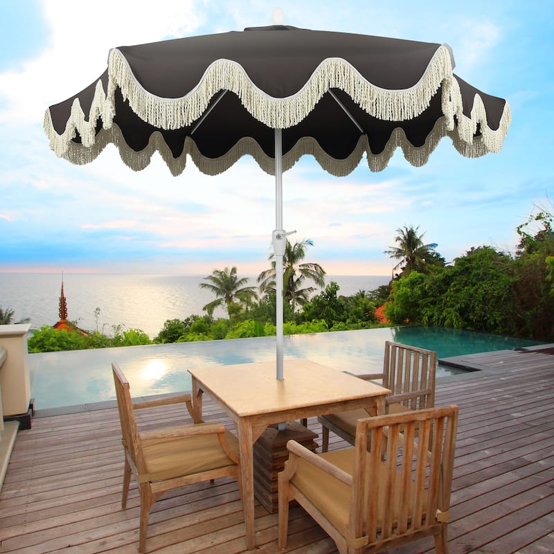 9ft Tassel Patio Umbrella Auto-Tilt, Crank , by JONATHAN Y - Black/Cream
