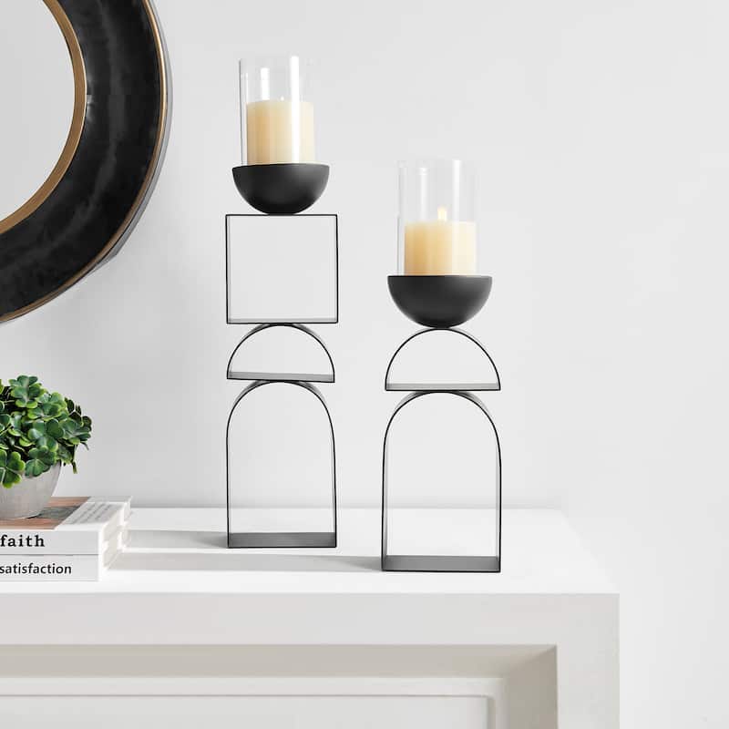 Black Geometric Pedestal Tabletop Candle Holders Set of 2