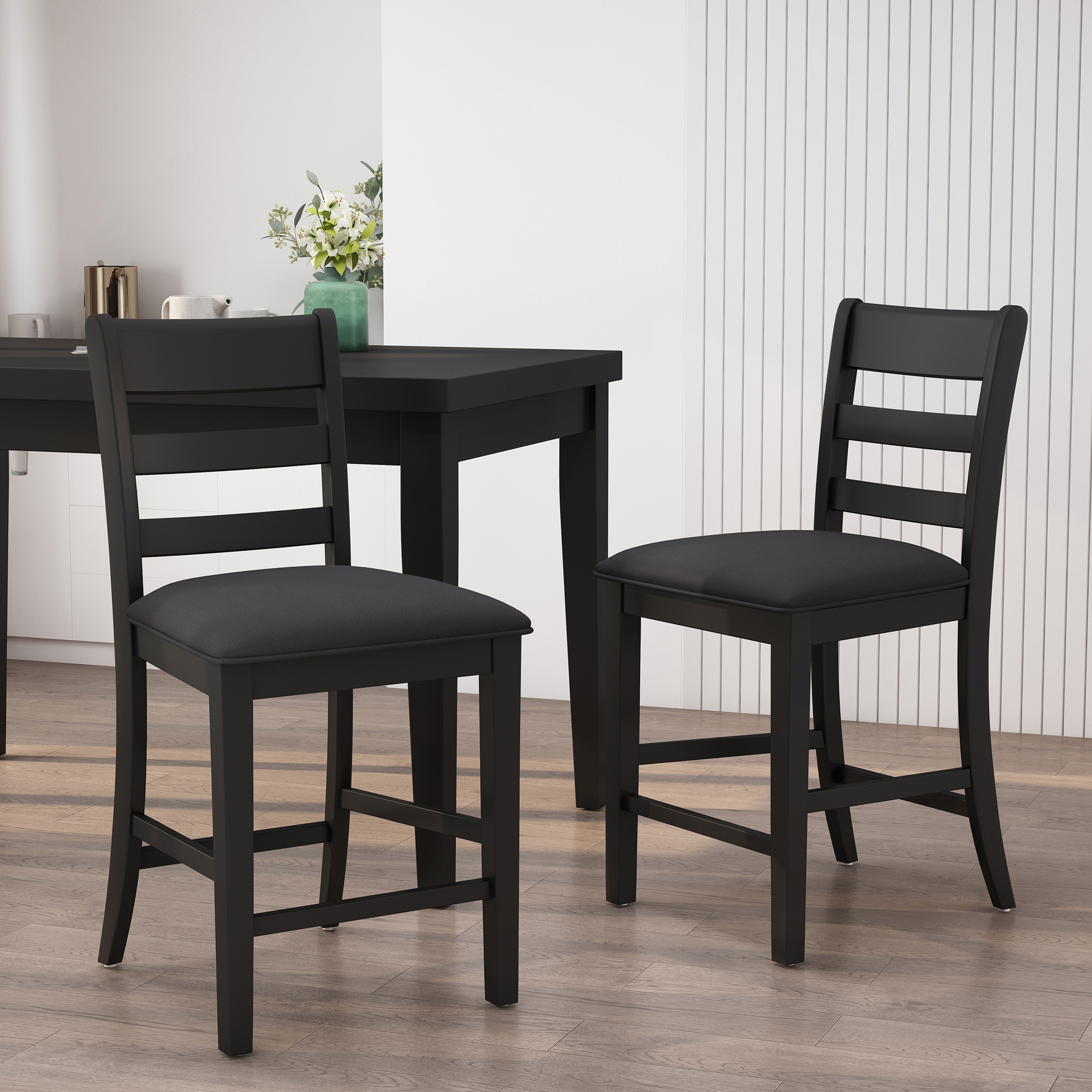 Roomfitters Upholstered Wood Counter Stools, Farmhouse Bar-Height Chairs with Ladder Back for Kitchen Island, Black (Set of 2)