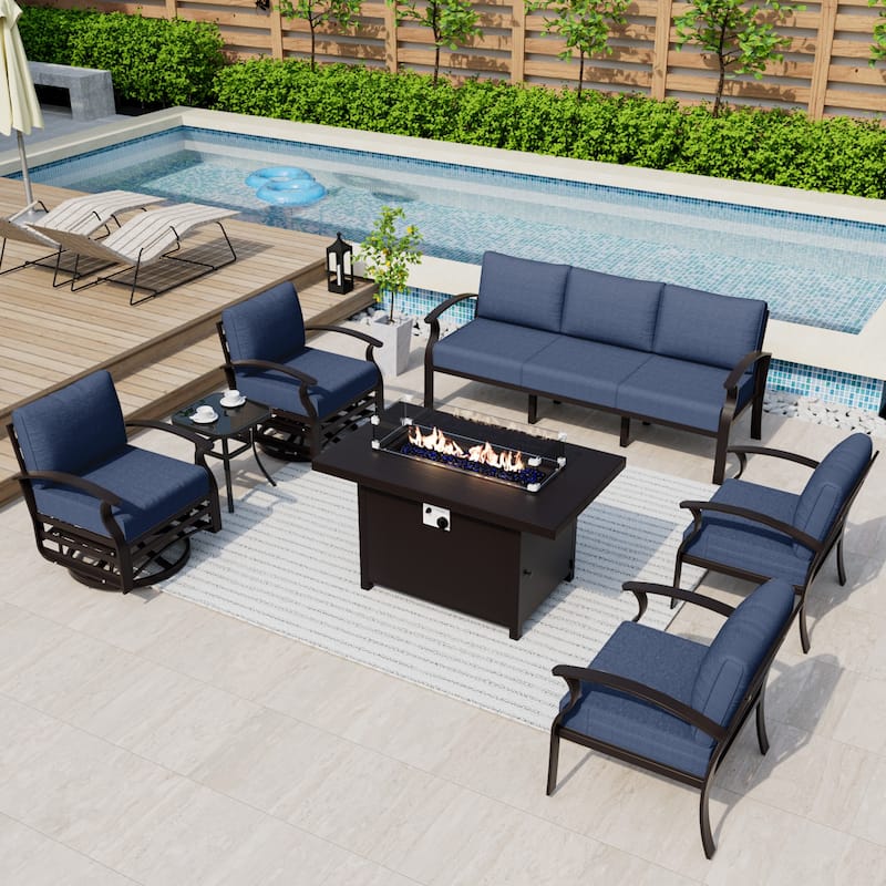 Kullavik Aluminum Outdoor Patio Furniture with Curved Armrests & Firepit Table - 7 seats w/FirePit - Navy Blue