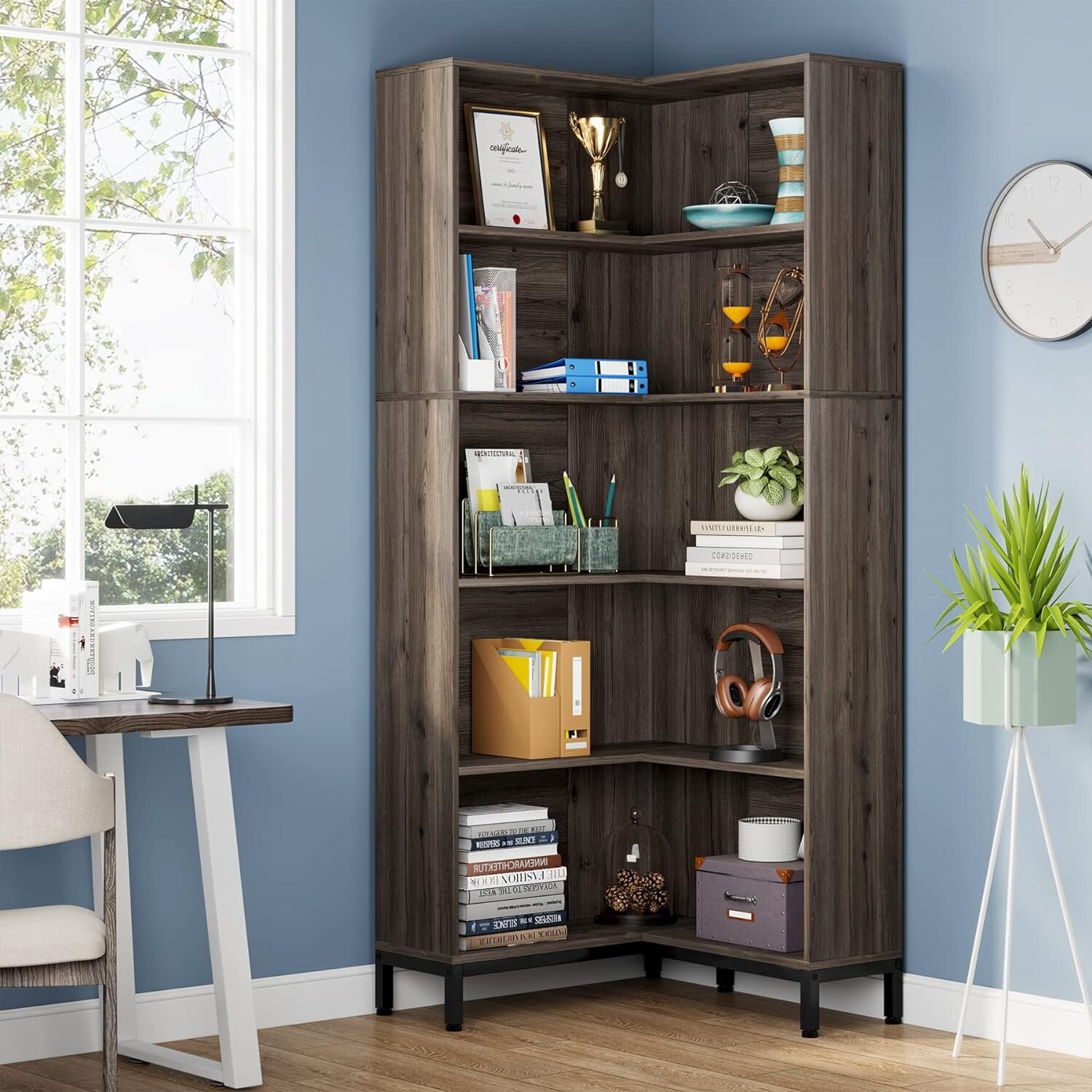 71 inches 6 Tiers Bookcase, L-Shaped Bookshelf, Industrial Etagere Bookcase Tall Storage Display Shelves
