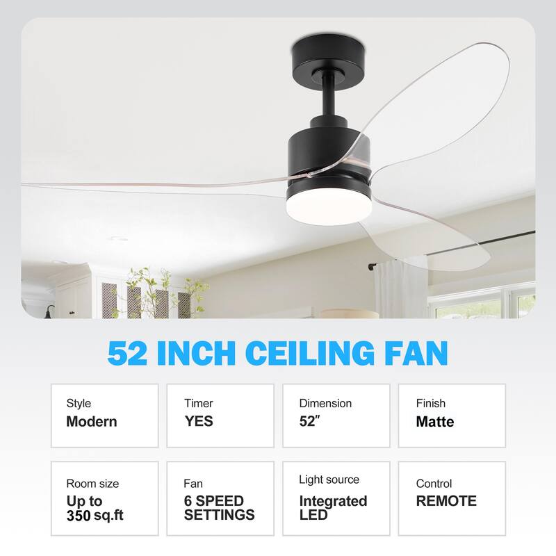 52 Inch LED Ceiling Fan with Lights Remote(3-Blade)