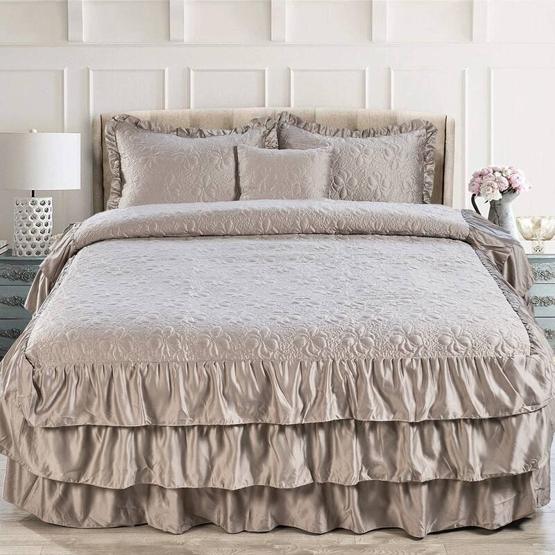Serent Matte Satin Ruffle Bedspread Set - Taupe - King