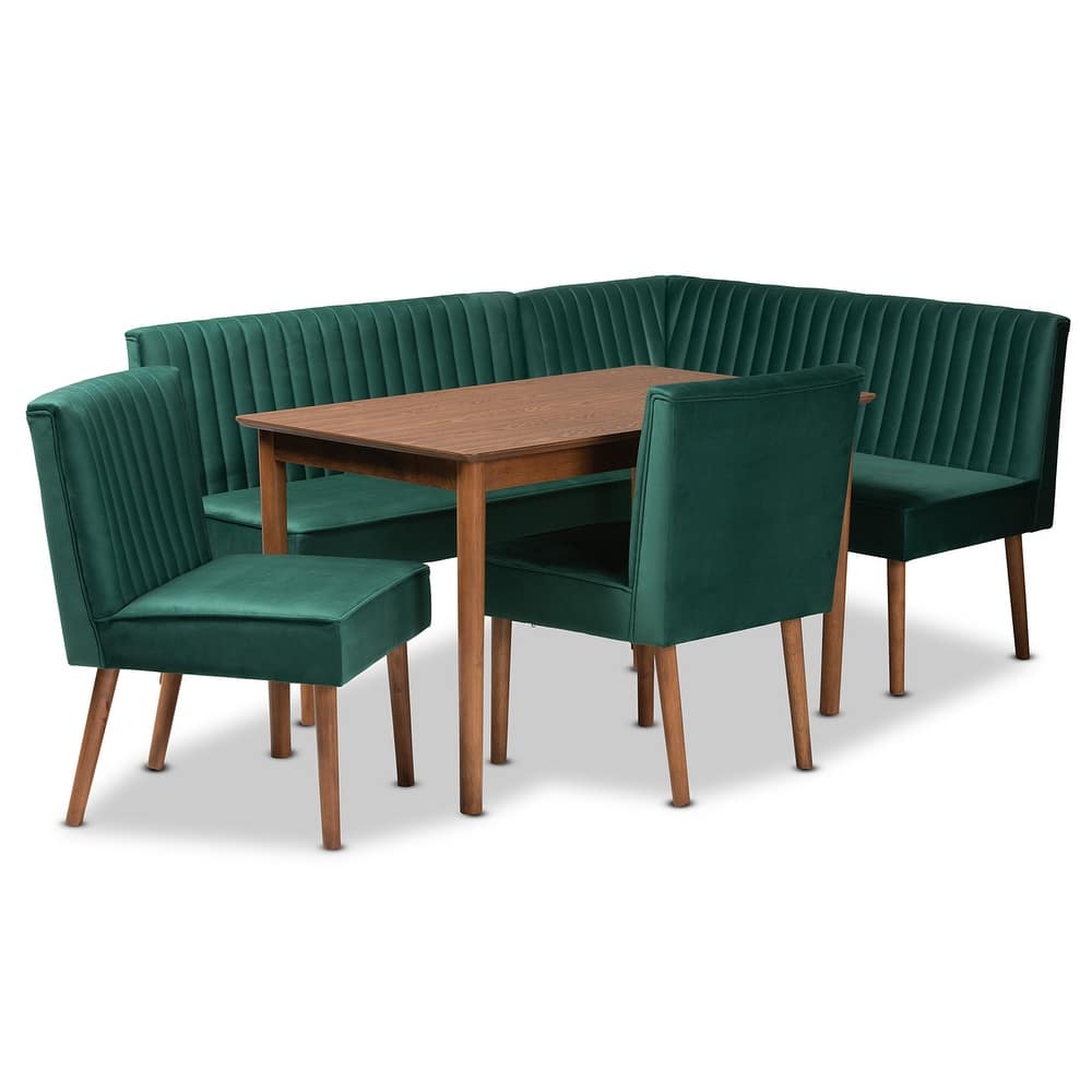 Alvis Mid-Century Emerald Green Velvet Upholstered Wood Dining Nook Set