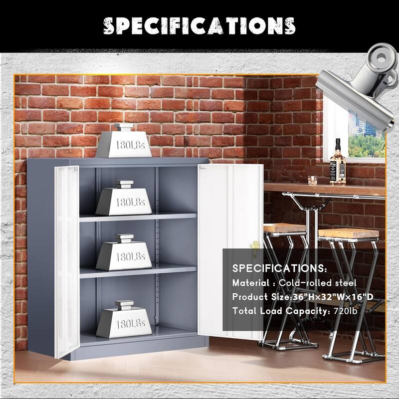 36 inch Metal Office File Storage Cabinet Locker with Locking Doors and Adjustable Shelves for Home Office, Garage, Pantry