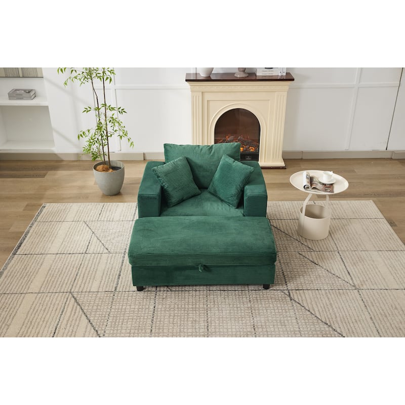 Chaise Lounge Chair with Removable Ottoman, Modern Accent Armchair Corduroy Sleeper Sofa Chair with Pillows for Living Room