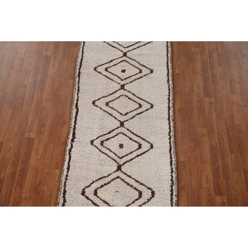 Geometric Beige Anatolian Runner Rug Handmade Wool Carpet - 3'1"x 10'4"
