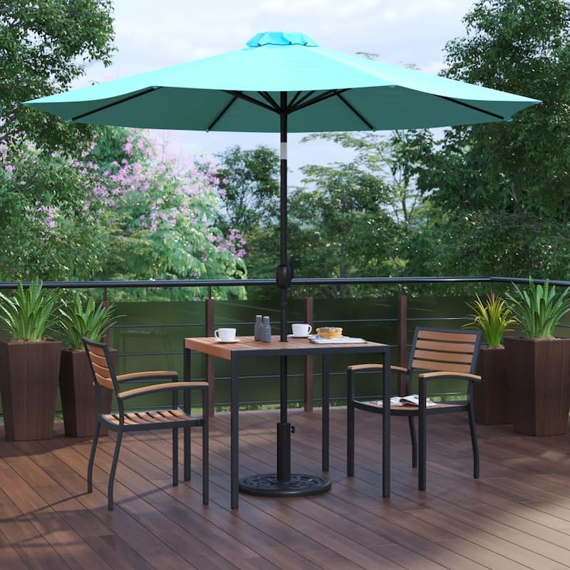 Patio Set wirh 35" Table, 2 Chairs, and Umbrella with Base - 35.25"W x 35.25"D x 29.5"H - Teal