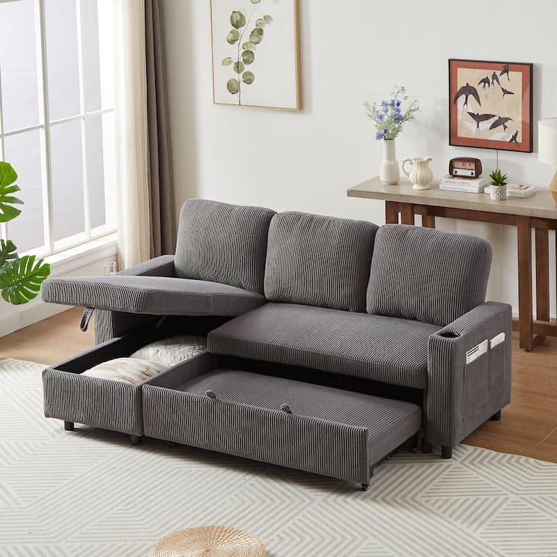 L-Shaped Corduroy Sofa Bed with Pull-Out Sleeper, Reversible Design