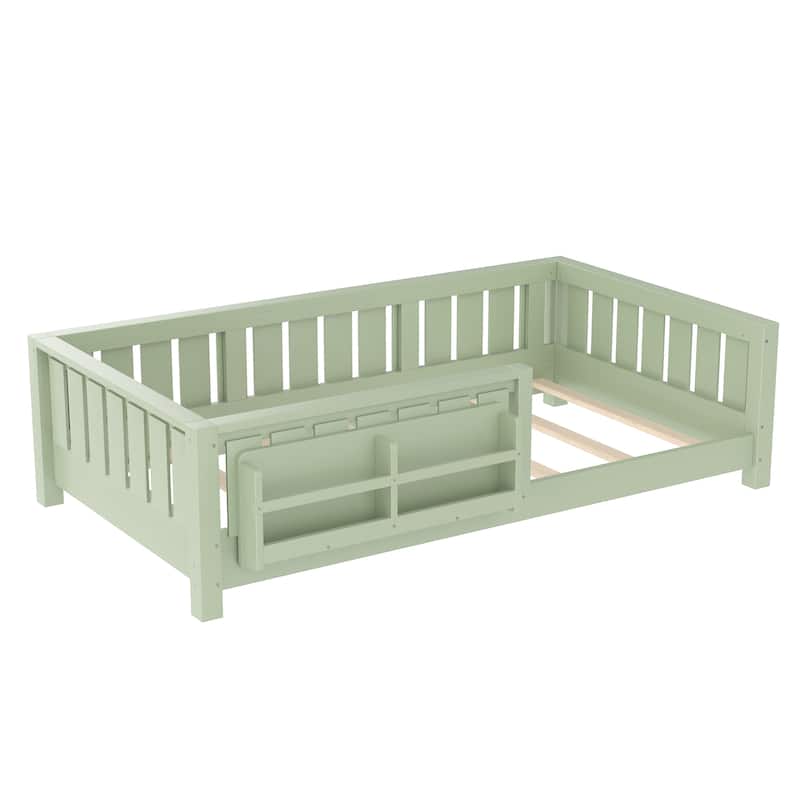 Low Profile Montessori Bed Floor Platform Bed with Fence and Bookshelf