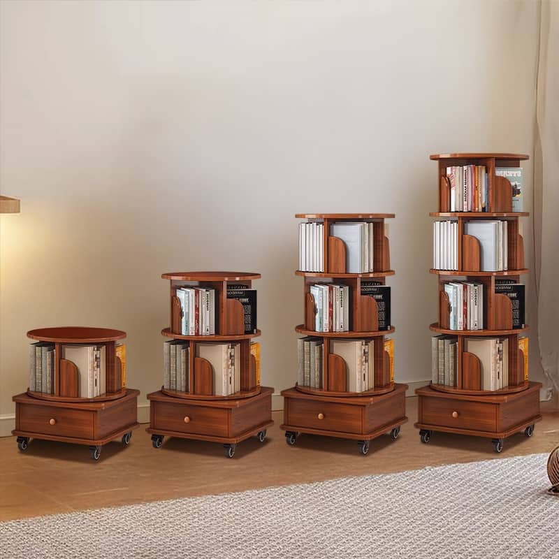 Rotating Bookshelf with Drawer,360 Display 5 Tier Bookshelf,Floor Standing Bookcase Storage Rack,Narrow Book Shelf Organizer