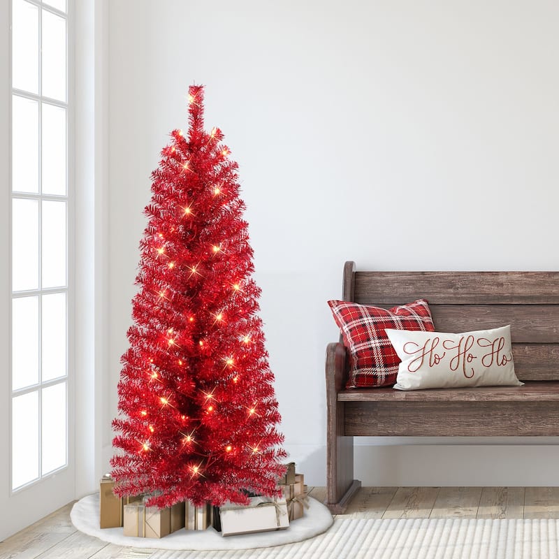 4.5' Pre-lit Red Tinsel Slim Artificial Christmas Tree, Clear Lights - 4.5 Foot