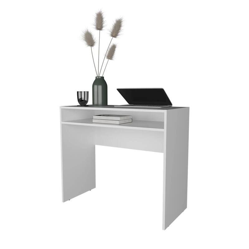 35" White Desk with Storage, Minimalist Workspace for Computers and Accessories, Durable Melamine Design