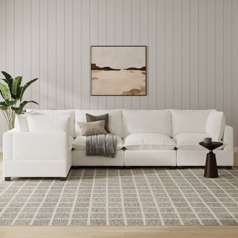 Chelsea Modern Cloud Modular Upholstered Sofa with Deep Seat and Plush Cushions - 5-Seater Sectional - Pearl White