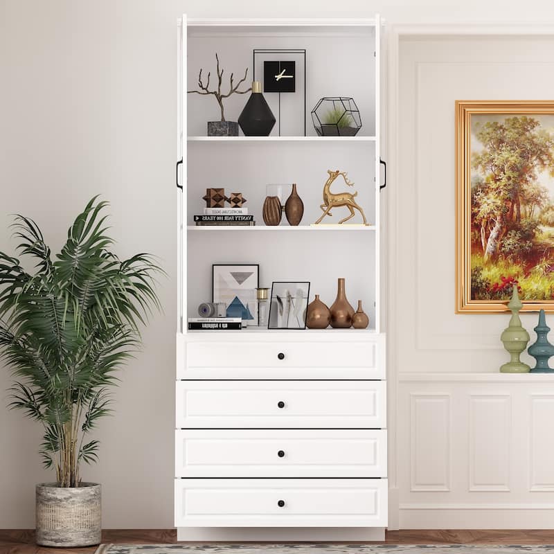 Elegant White Pantry Bookshelf Multifunctional Tempered Glass Cabinet
