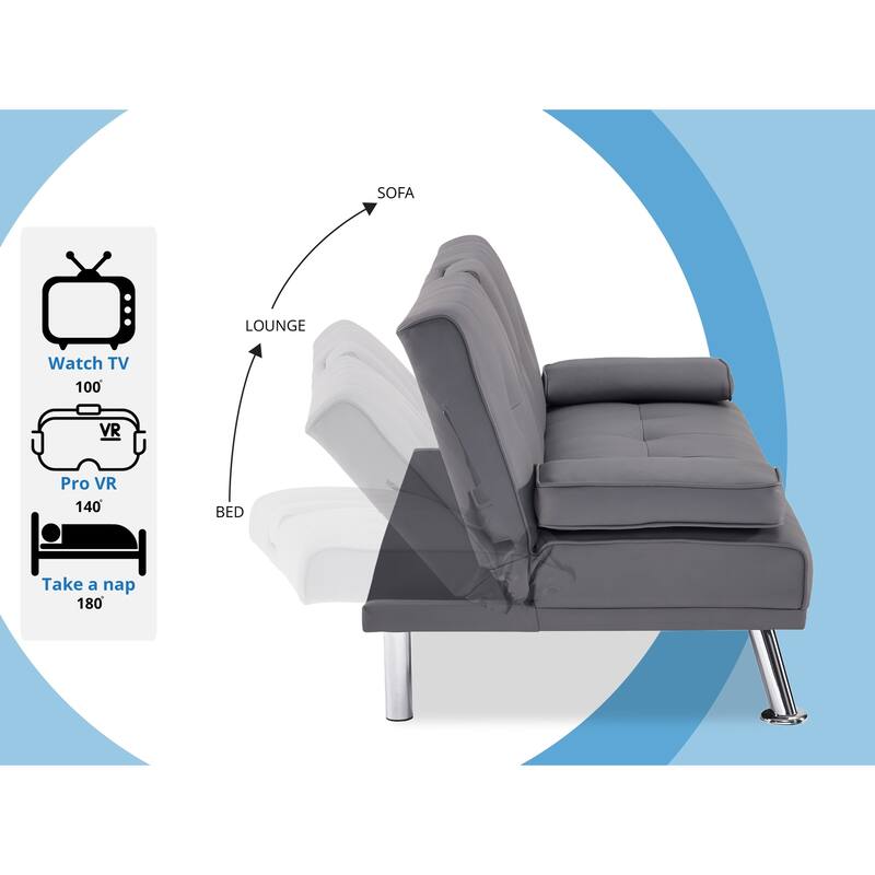 Futon Sofa Bed Couch with Armrest & Cupholders, Faux Leather Sofa Bed Couch Convertible Folding Reclining Small Couch