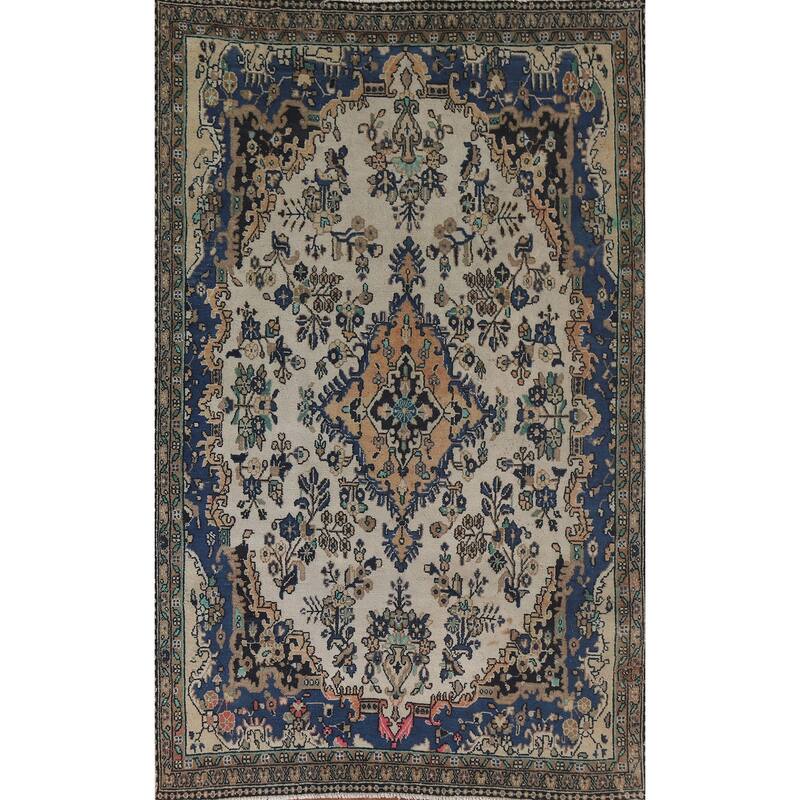 Hand Knotted Oriental 100% Wool Carpet Traditional Medallion Beige & Ivories Hamedan Area Rug - 9' 11'' X 6' 7''