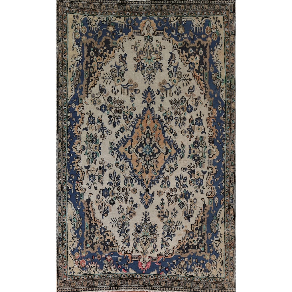Hand Knotted Oriental 100% Wool Carpet Traditional Medallion Beige & Ivories Hamedan Area Rug - 9' 11'' X 6' 7''