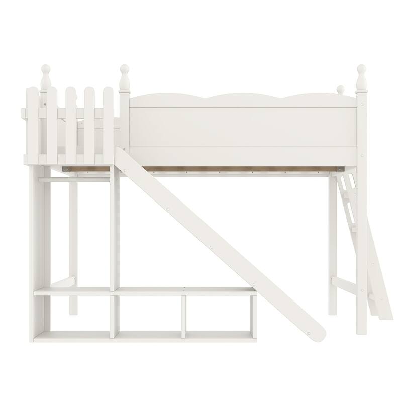 Queen Loft Bed with Storage Shelves and Wardrobe, Solid Wood Loft Beds with Detachable Slide and Ladders, No Spring Box Needed