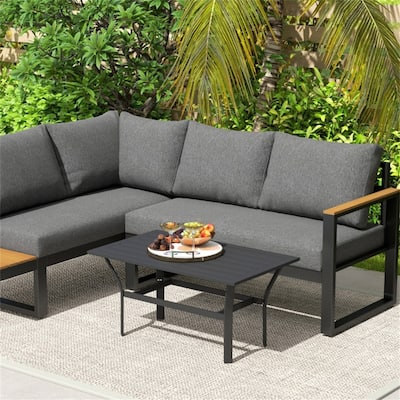 Black Metal Outdoor Coffee Table with Slatted Weather-Resistant Top - 36" L x 21.7" W x 17.7" H