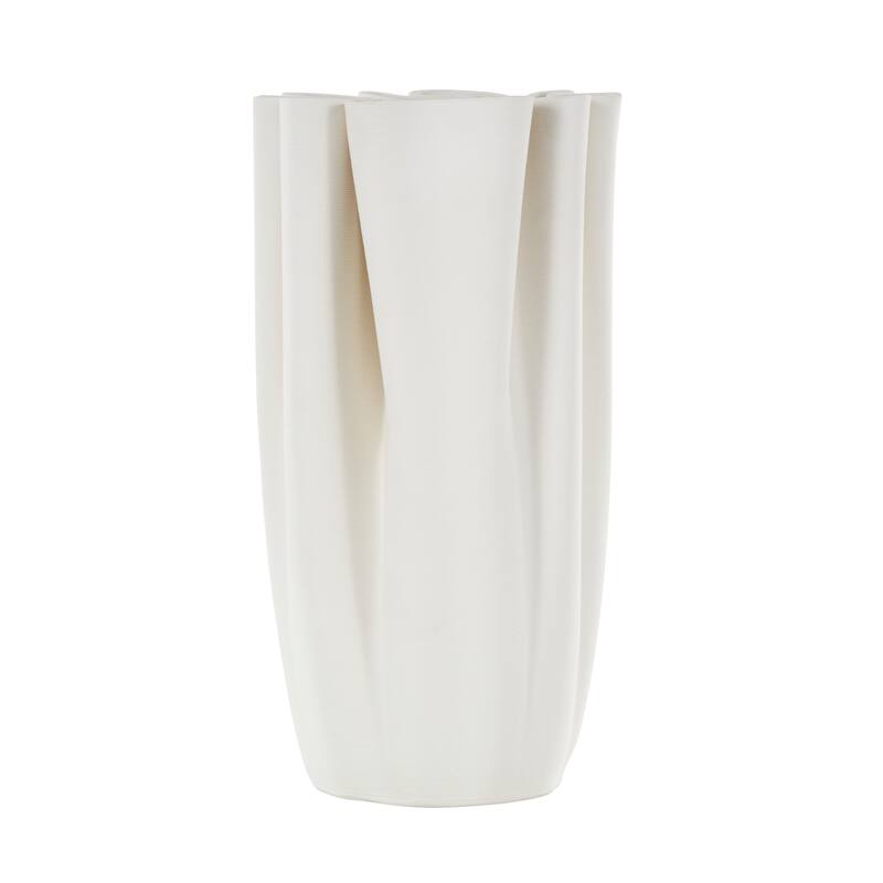 White Ceramic Ribbed Dimensional Folded Abstract Vase with Compact Wavy Rim