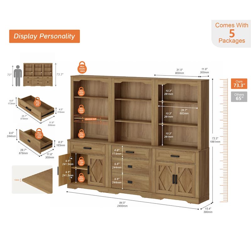 3-Column 73.3" Tall Bookshelf Set with Open Storage and Glass Doors