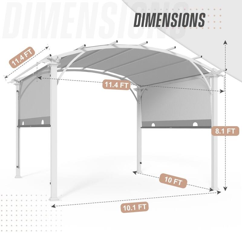 EAGLE PEAK 11.4x11.4 Outdoor Pergola with Retractable Textilene Sun Shade Top, Wood Looking Steel Frame Arch Patio Pergola