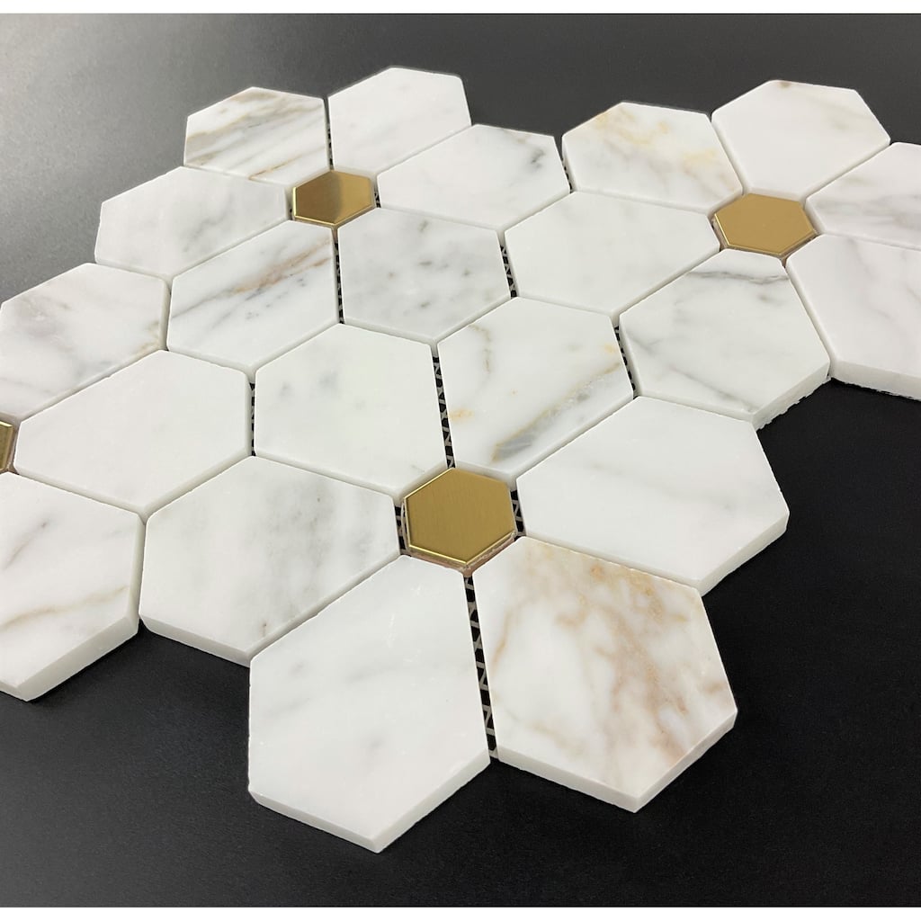 Flower Pattern Marble & Golde Metal Mosaic Tiles